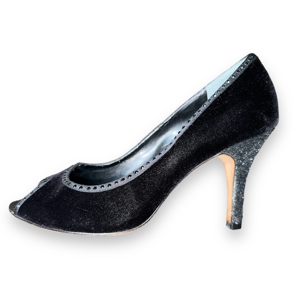 Nina Womens Heels Black Velvet Glitter Evening Bridal Peep Toe Pumps Size 9M/39